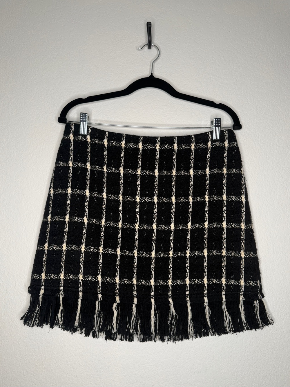 Tory Burch Black White Plaid Fringe Mini Skirt